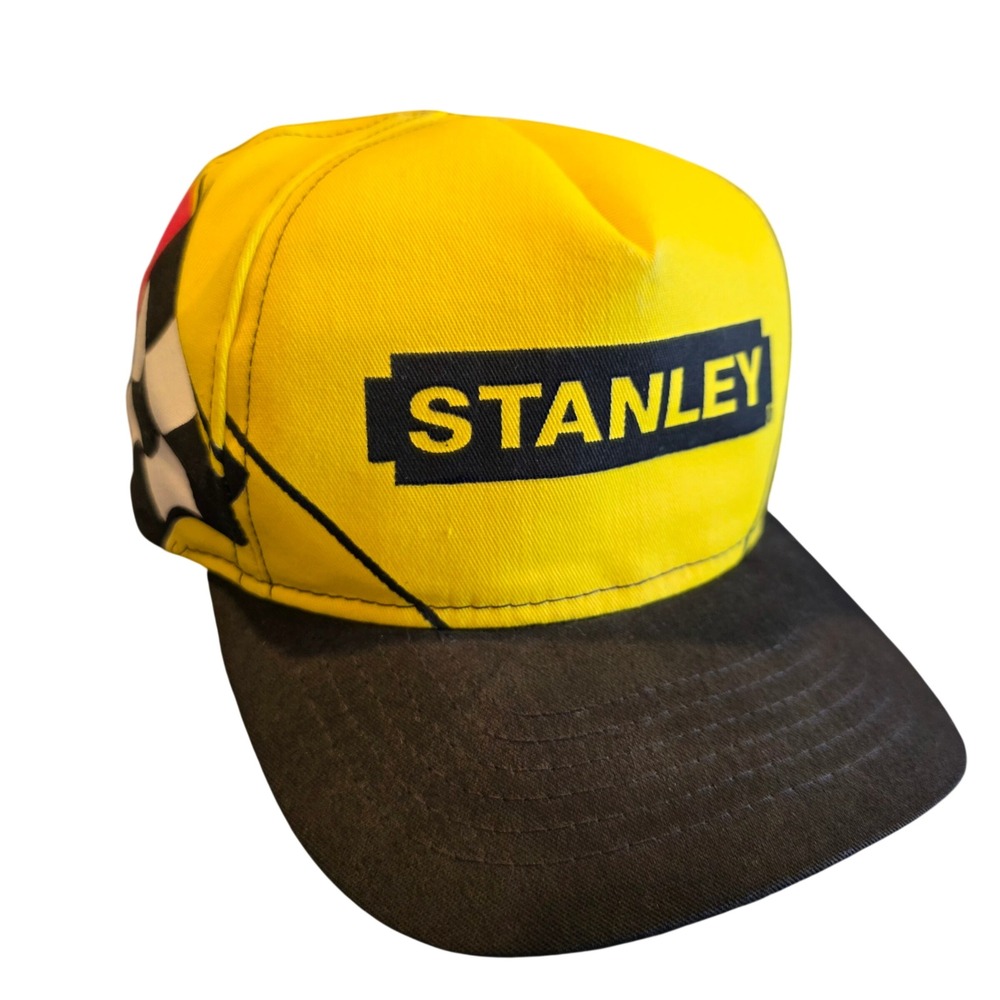 Vintage 90s Stanley Tools Racing Snapback Hat Yellow Black Checkered Flag Cap